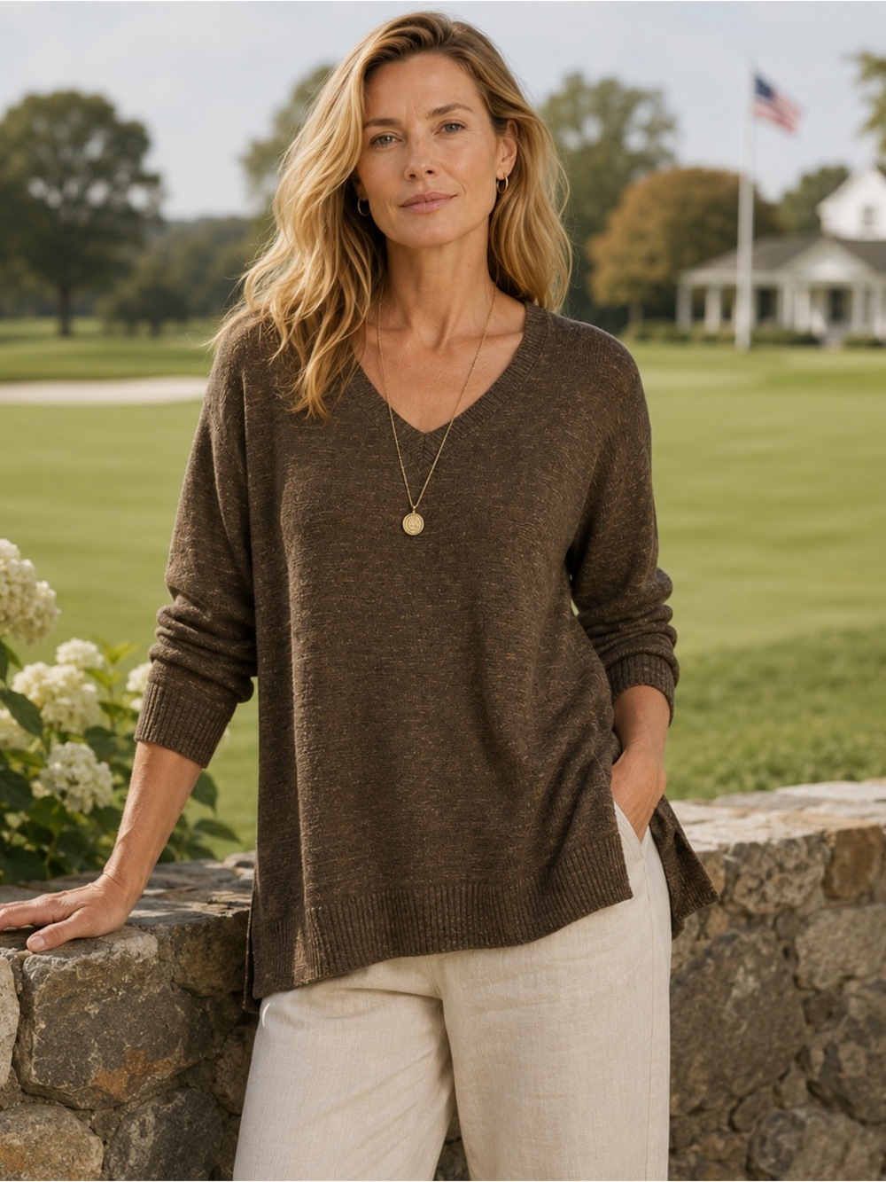 Eileen Fisher Organic Linen Cotton V-Neck Sweater Large Brown Lightweight Tunic